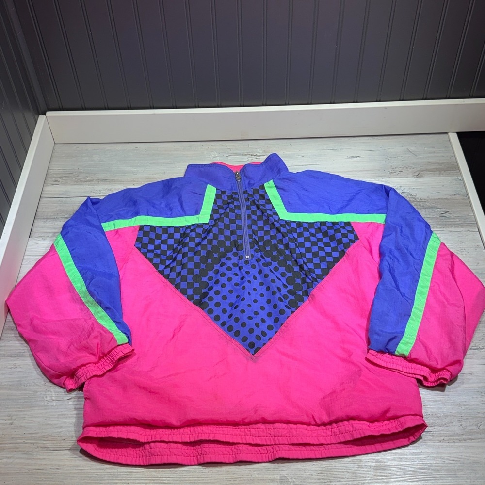 Vintage Lavon Pullover 1/4 Zip Windbreaker 90's Neon Lined Pink Blue Green Nylon